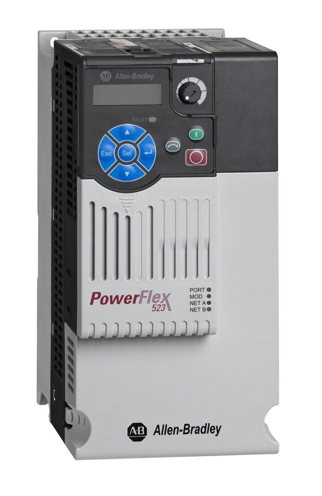 Allen-Bradley PowerFlex 523 drive, 480V, 17A, 10HP, with control panel and interface details.