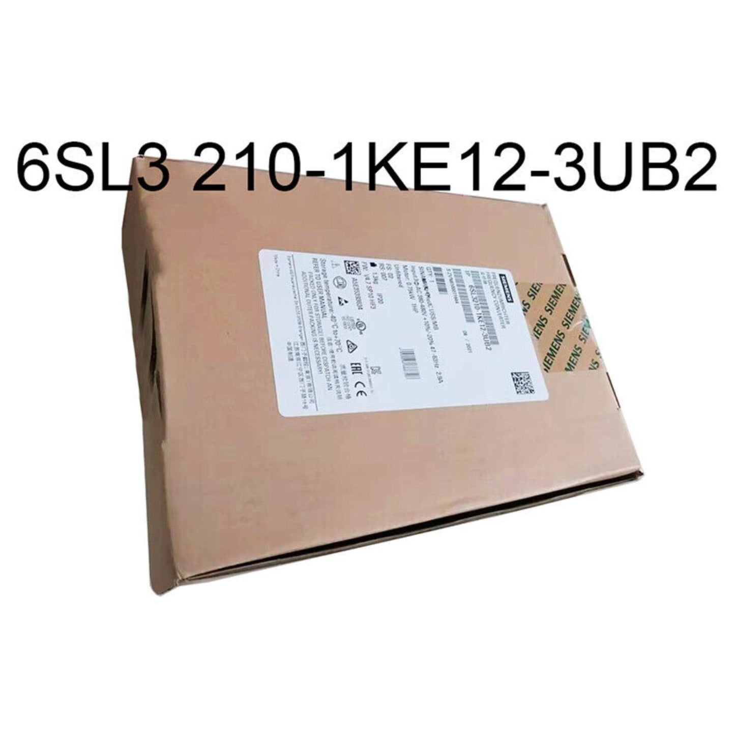 Siemens SINAMICS G120C 6SL3210-1KE12-3UB2 frequency converter in its original packaging, product code visible.