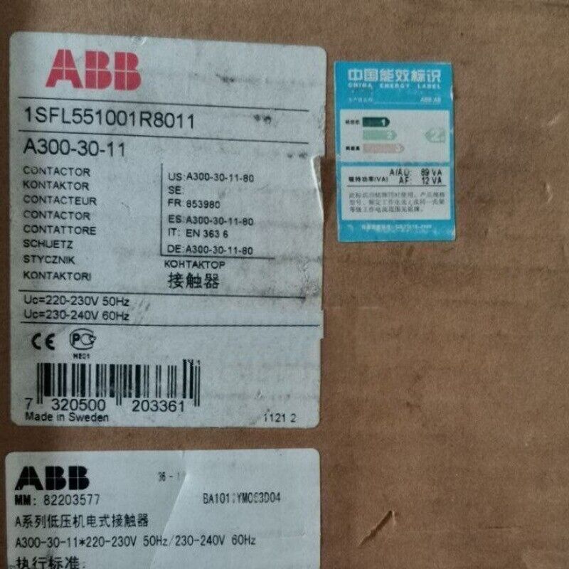 ABB A300-30-11 Contactor label showing specifications for 110V, 220V, 380-400V. Electrical automation part.