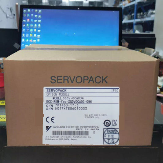 YASKAWA SGDV-0CA03A SERVOPACK Option Module in box, brown cardboard packaging.