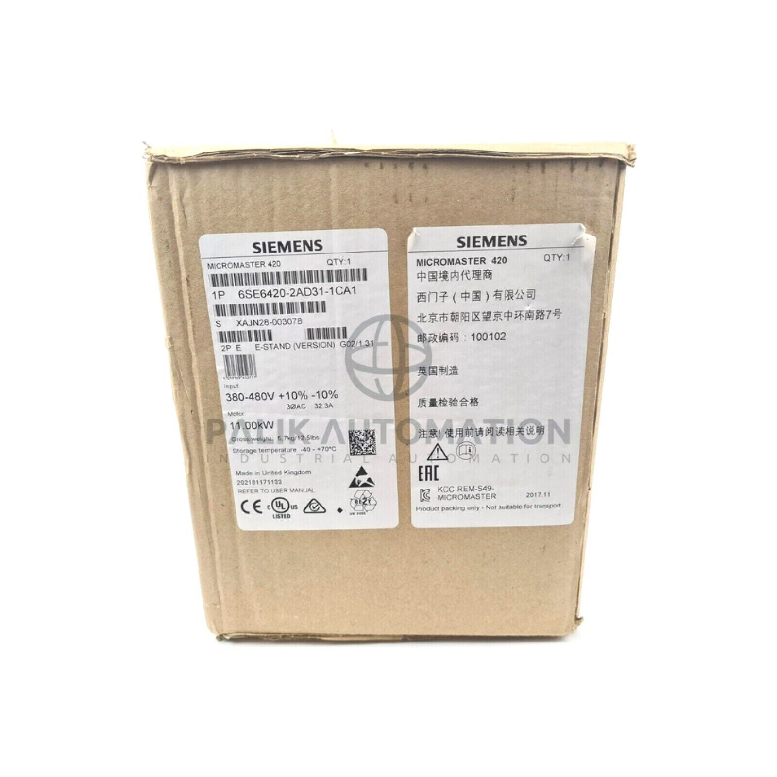 Siemens MICROMASTER 420 6SE6420-2AD31-1CA1 drive unit box, industrial automation part, Palik Automation label.