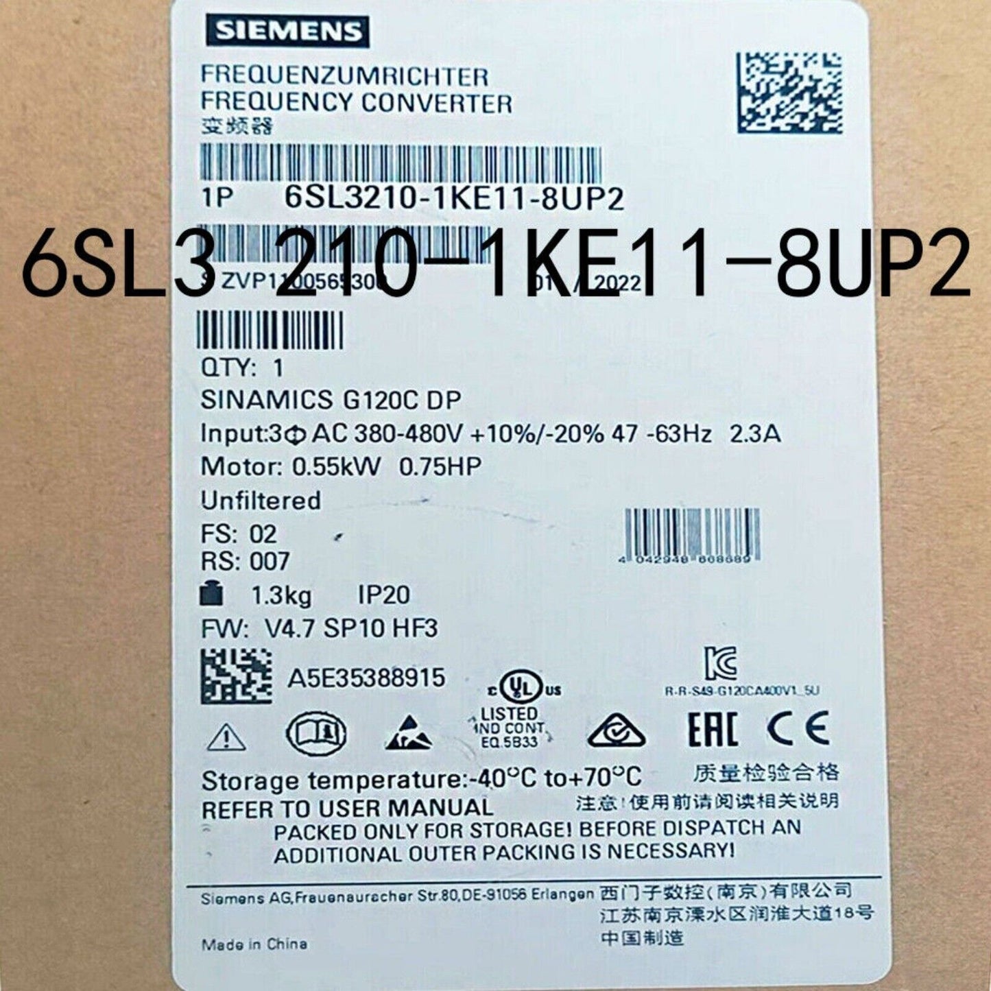 Siemens SINAMICS G120C DP PLC Module 6SL3210-1KE11-8UP2, Industrial Automation Part, specifications and details.