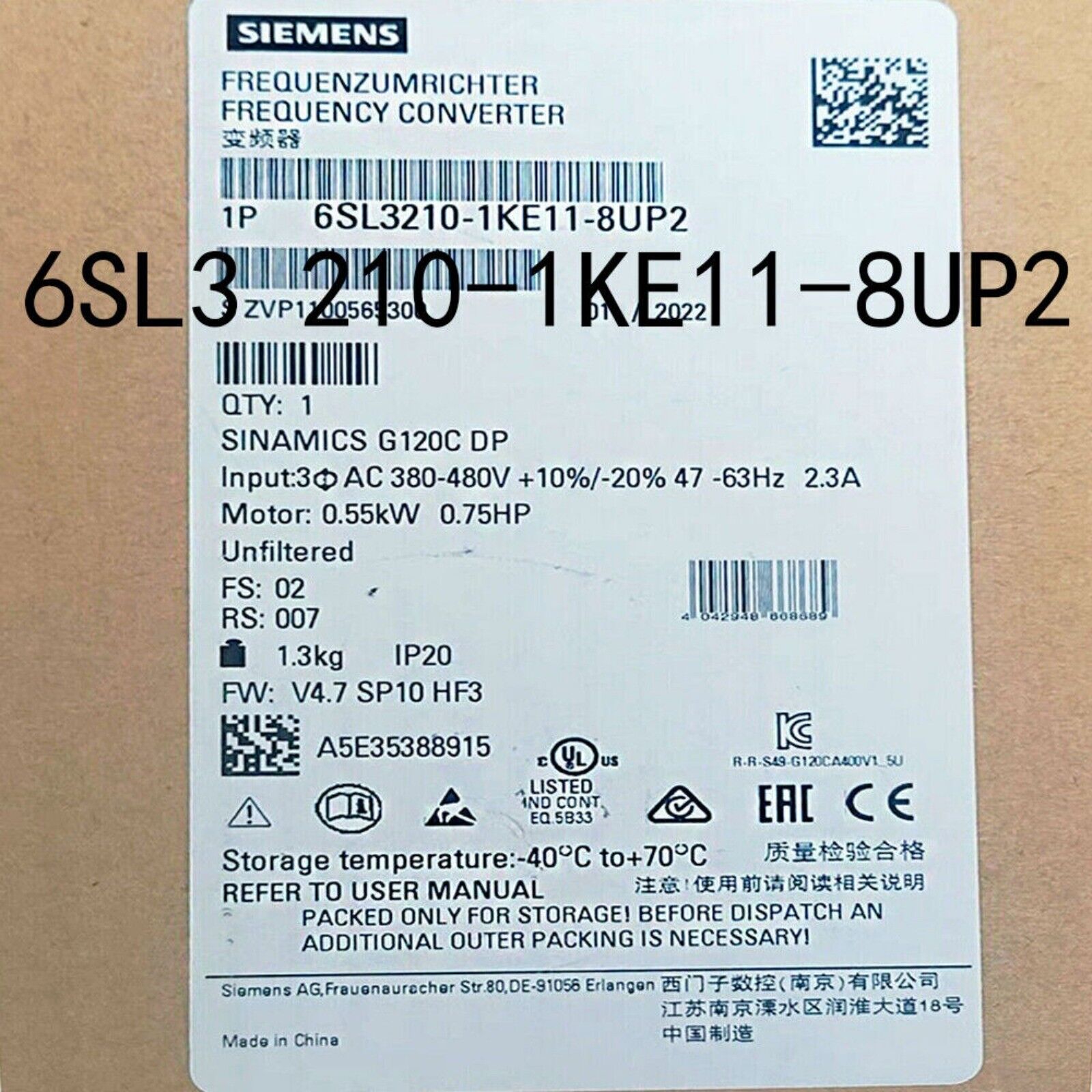 Siemens SINAMICS G120C DP PLC Module 6SL3210-1KE11-8UP2, Industrial Automation Part, specifications and details.