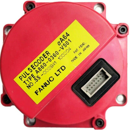 FANUC A860-0360-V501 Encoder Pulse Coder, red casing with yellow label, Made in Japan.