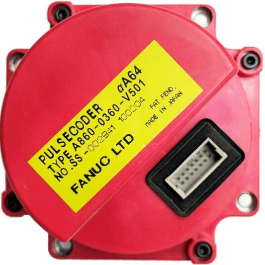 FANUC A860-0360-V501 Encoder Pulse Coder, red casing with yellow label, Made in Japan.