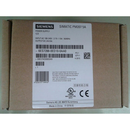 Siemens SIMATIC PM207 5A Power Supply. 24V DC output. Model 6ES7288-0ED10-0AA0. For industrial automation systems.
