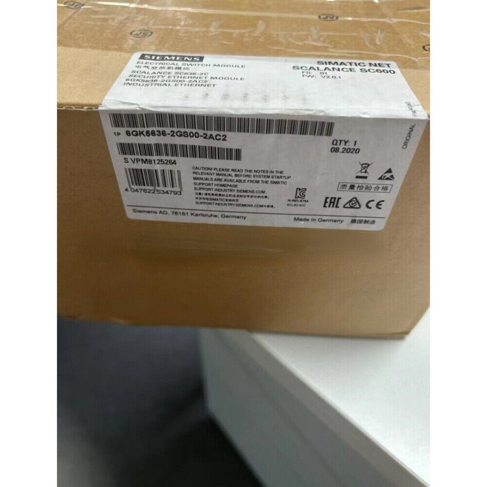 Siemens SCALANCE SC636-2C industrial ethernet module box, model 6GK5636-2GS00-2AC2, product packaging, made in Germany.