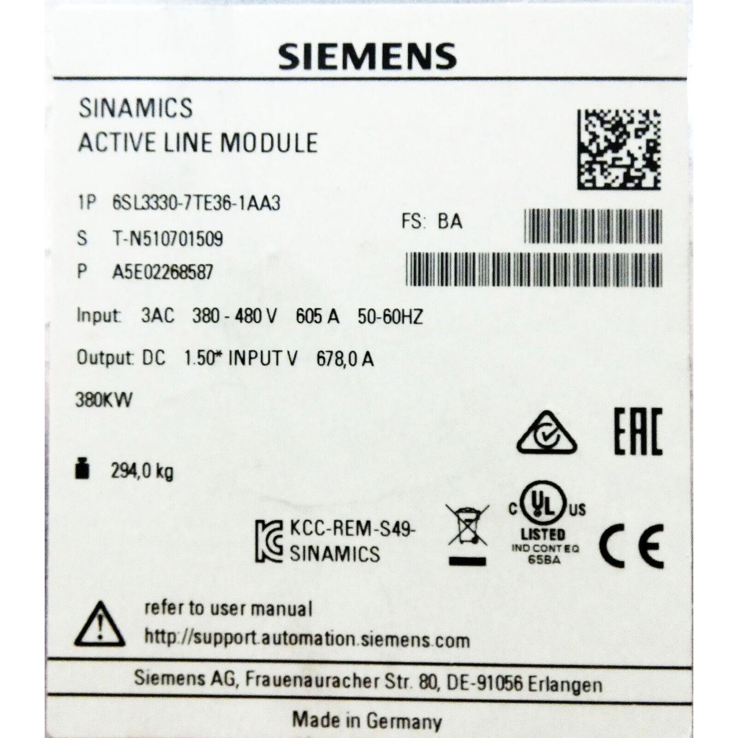 Siemens SINAMICS Active Line Module 6SL3330-7TE36-1AA3 product label, industrial automation part, 380-480V input.