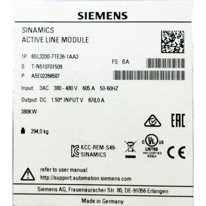 Siemens SINAMICS Active Line Module 6SL3330-7TE36-1AA3 product label, industrial automation part, 380-480V input.