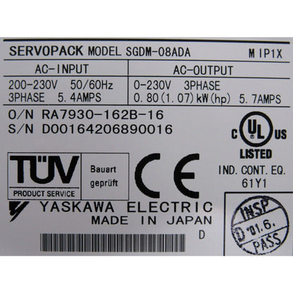 YASKAWA SGDM-08ADA Servo Drive Label. Industrial automation equipment, Made in Japan, CE Certified.