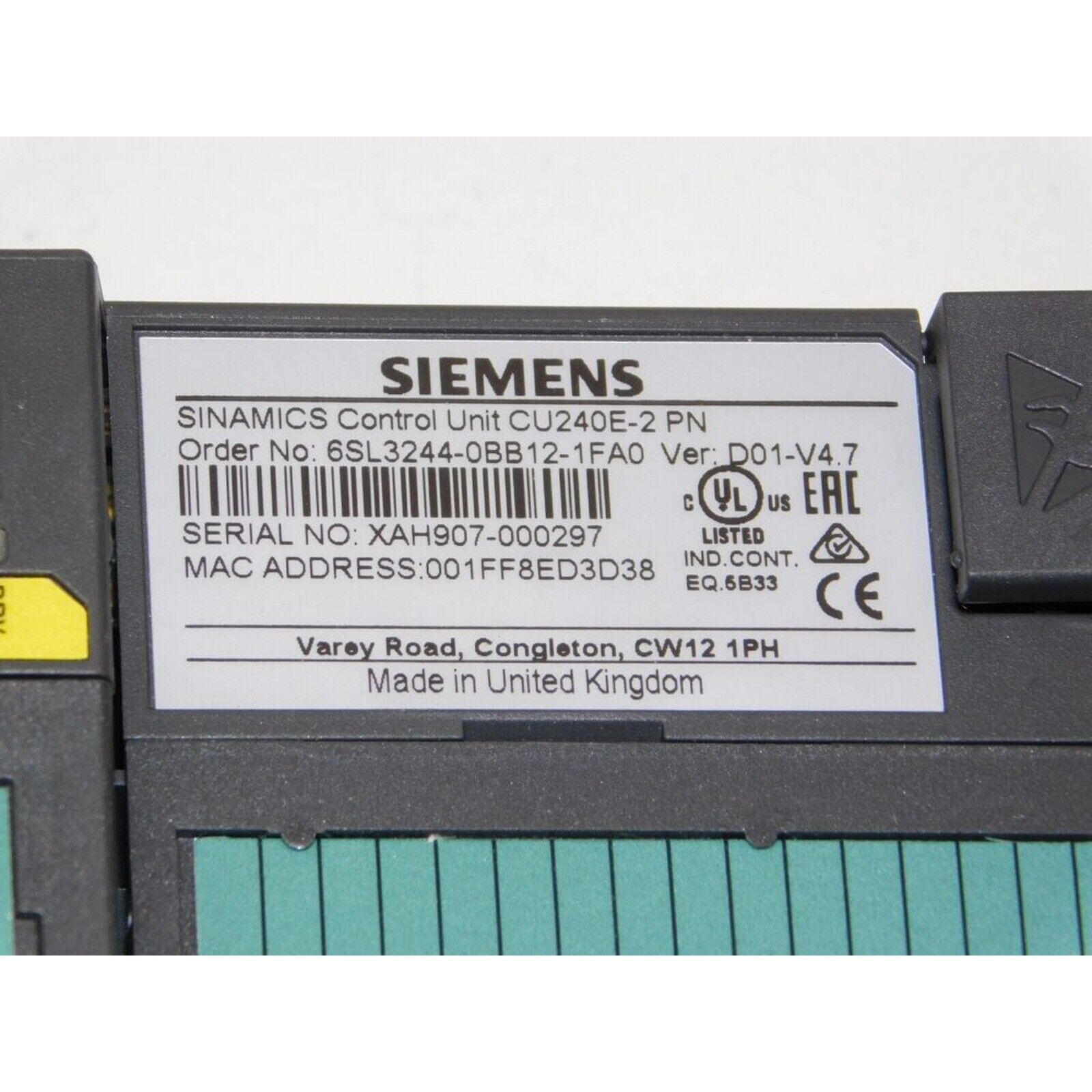 Siemens SINAMICS G120 CU240E-2 PN control unit, industrial automation part, Made in United Kingdom.