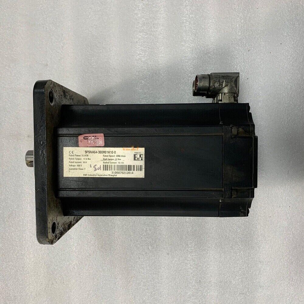 Used B&R 5FSNA64-300R01K10-0 servo motor, black with silver connector, industrial automation part
