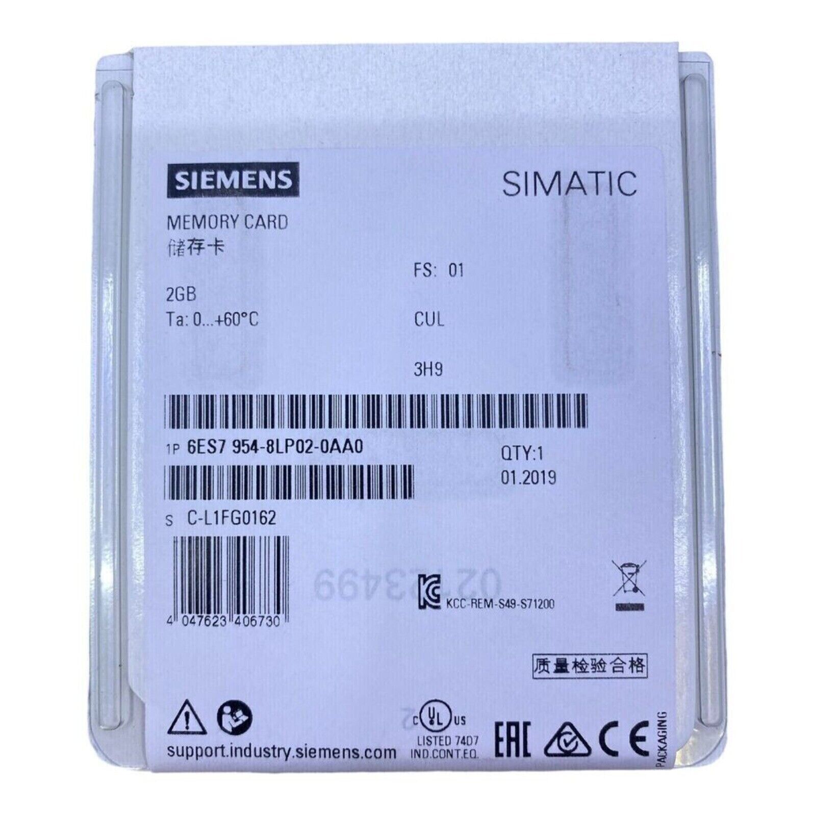 Siemens SIMATIC S7 2GB Memory Card 6ES7 954-8LP02-0AA0, product packaging, featuring part number and specifications.