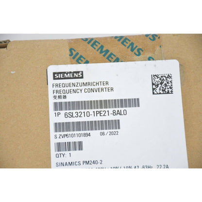 Siemens SINAMICS G120C frequency converter box, model 6SL3210-1PE21-8AL0, industrial automation part, PM240-2, 22A.