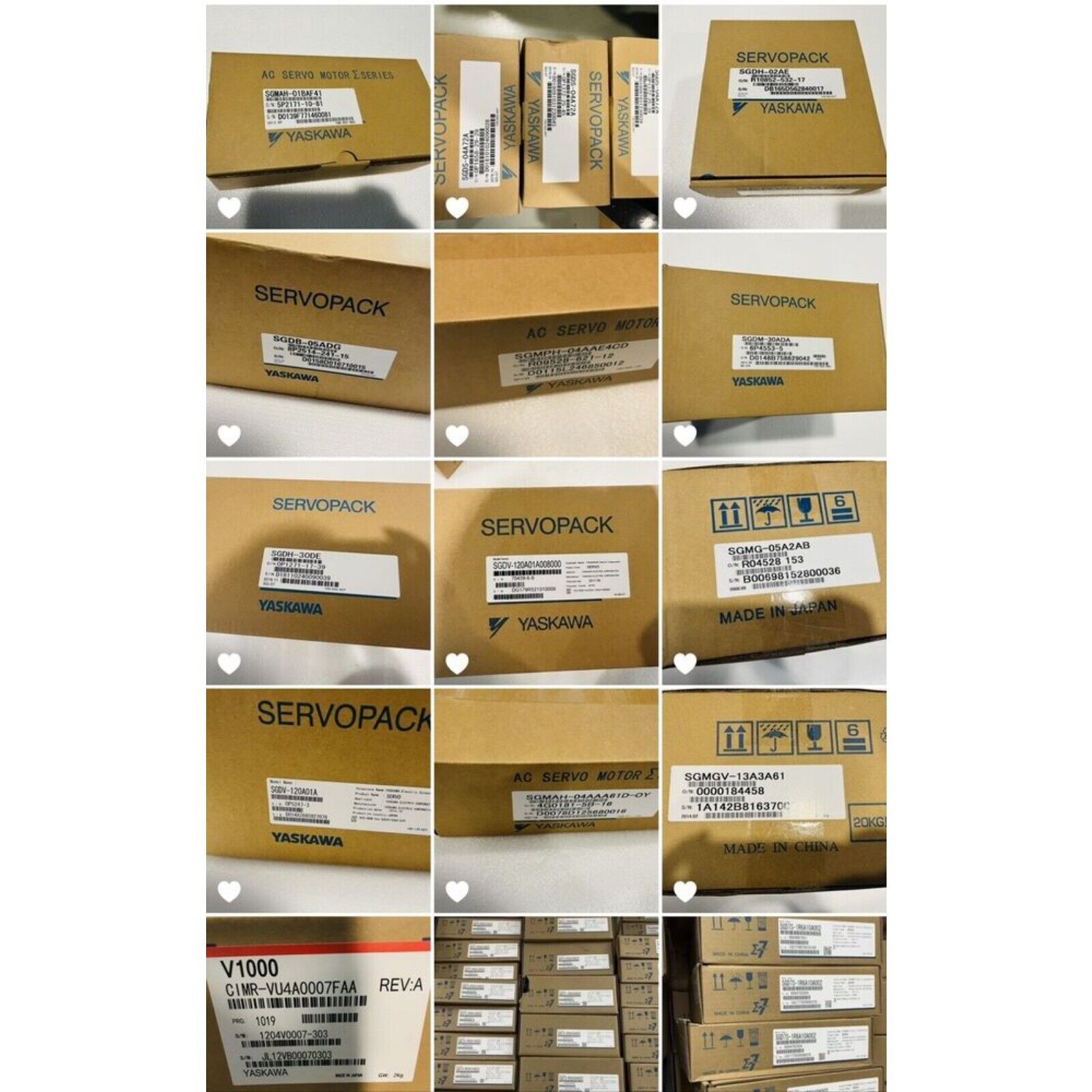 YASKAWA ServoPack Drives in boxes, industrial automation equipment, various models including SGDB, SGDH, SGMG, and SGMH.