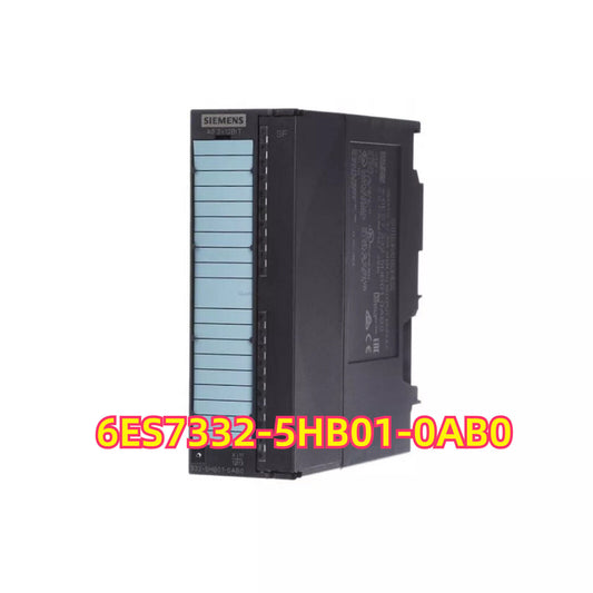 Siemens SIMATIC S7-300 analog output module 6ES7332-5HB01-0AB0, black module with blue lights.
