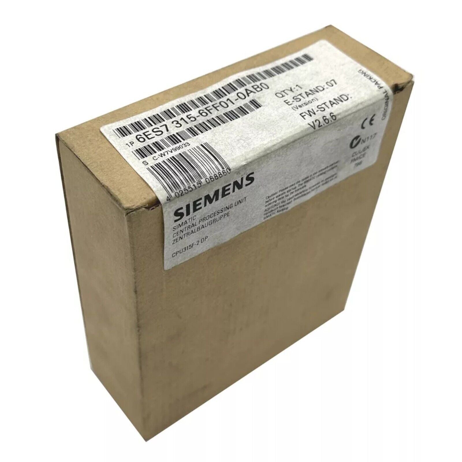Siemens SIMATIC S7-300 CPU 315F PLC module box, model 6ES7 315-6FF01-0AB0, industrial automation part, with label details.