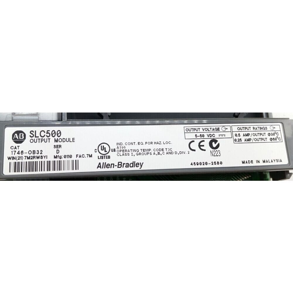 Allen-Bradley 1746-OB32 Ser D SLC500 Output Module with technical specifications.