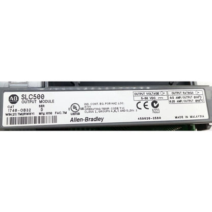 Allen-Bradley 1746-OB32 Ser D SLC500 Output Module with technical specifications.