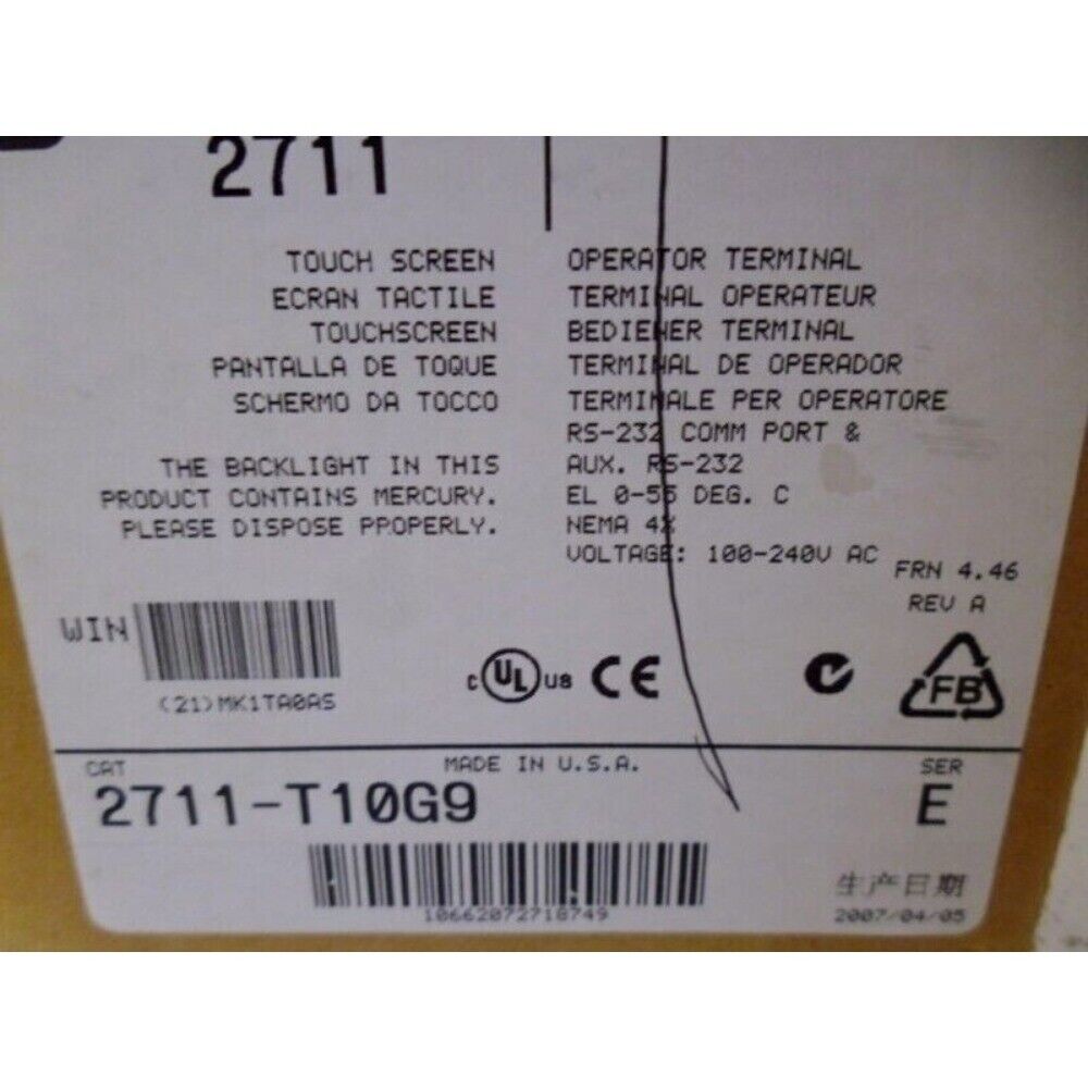 Allen-Bradley 2711-T10G9 Operator Terminal Label, featuring product specifications and certifications, made in USA
