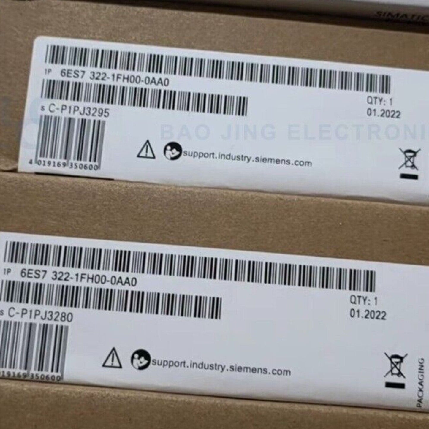 Siemens S7-300 Digital Output Module 6ES7322-1FH00-0AA0 packaging label, QTY:1, with barcode and support info