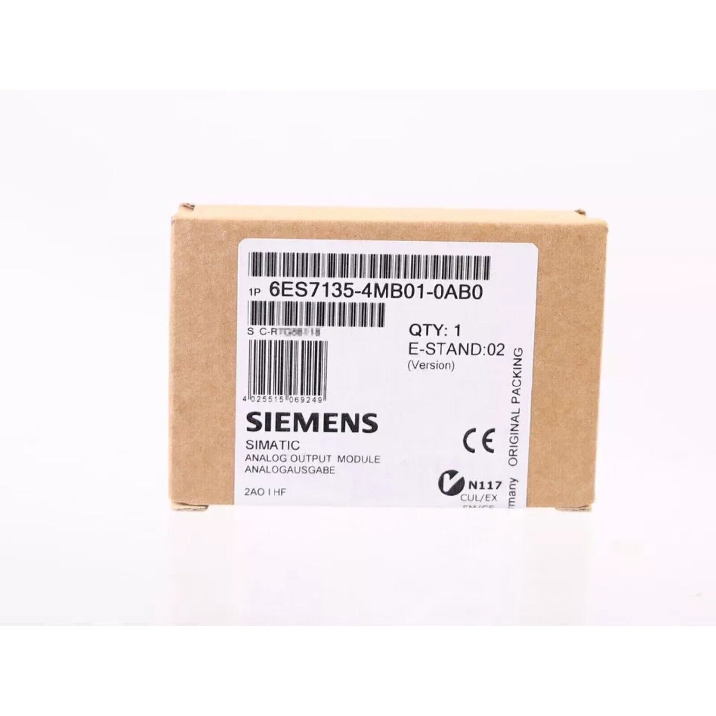 Siemens 6ES7135-4MB01-0AB0 DP Electronics Module ET 200S in original packaging, featuring product details and CE marking.
