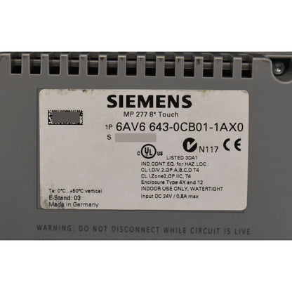 HMI Device | Siemens | 6AV6643-0CB01-1AX0 6AV6 643-0CB01-1AX0 SIMATIC MP 277 8" PANEL