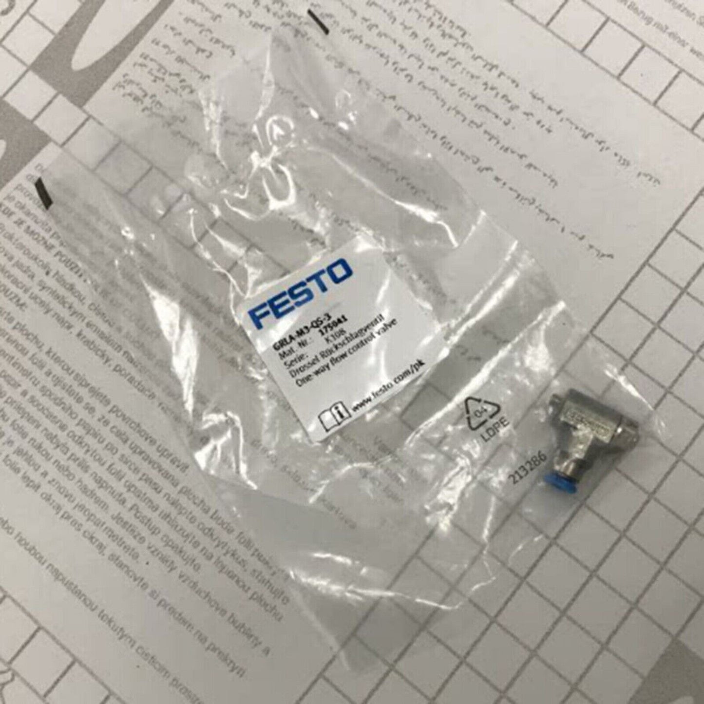 Festo GRLA-M3-QS-3 one-way flow control valve, packaged industrial automation part