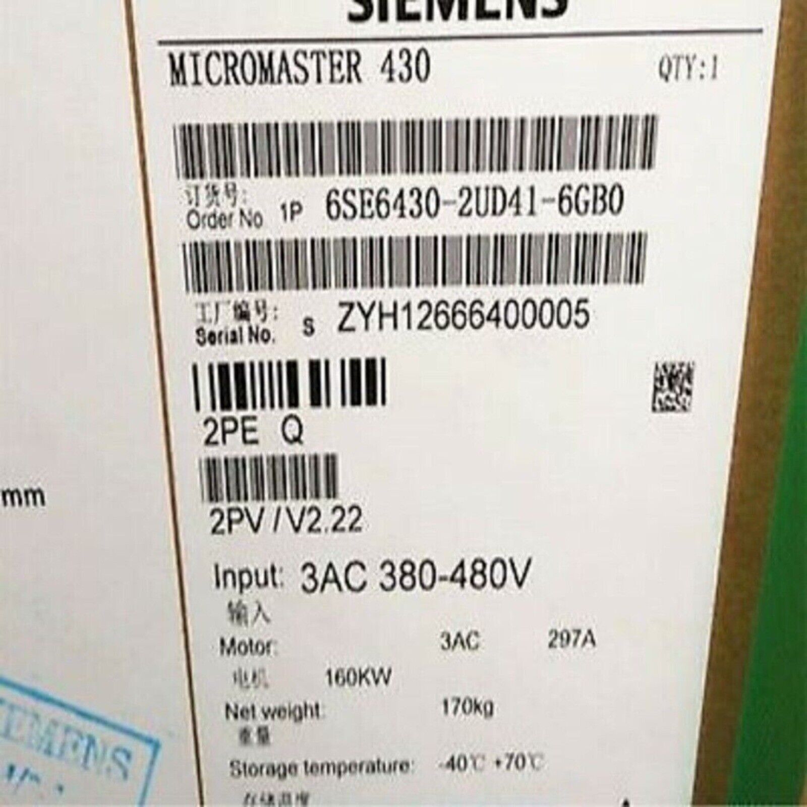 Siemens MICROMASTER 430 drive label: 6SE6430-2UD41-6GB0, industrial automation part with order and serial numbers.