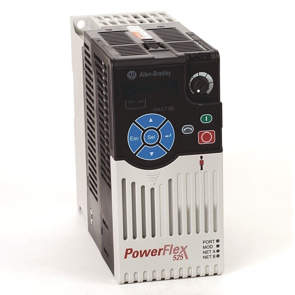 Allen-Bradley PowerFlex 525 AC drive, 3HP, 480V, with EtherNet/IP, control panel, and LED display.