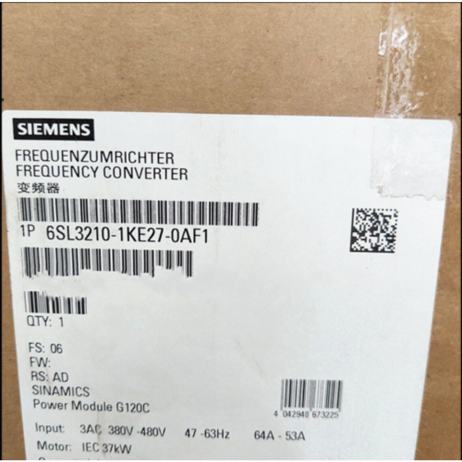 Siemens SINAMICS G120C frequency converter label, 6SL3210-1KE27-0AF1, industrial automation part