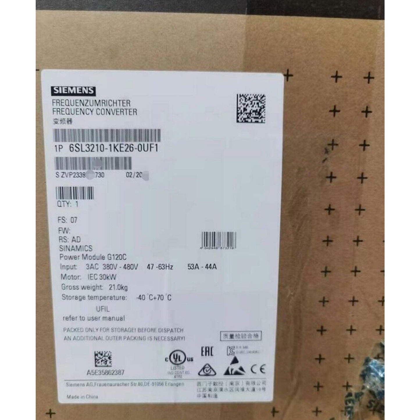 Siemens SINAMICS G120 Frequency Converter 6SL3210-1KE26-0UF1, 30kW, industrial drive module label, made in China