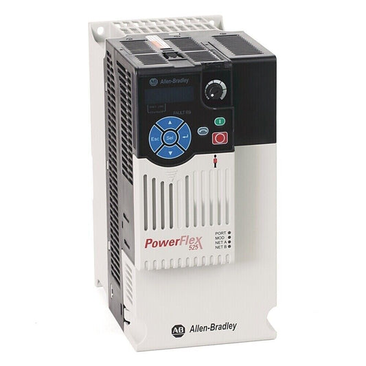 Allen-Bradley PowerFlex 525 AC Drive, front view, featuring control panel and port indicators.