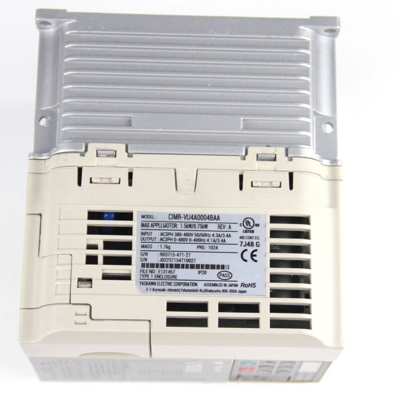 Yaskawa CIMR-VU4A0004BAA Variable Frequency Drive, beige casing and silver heat sink, industrial automation equipment.