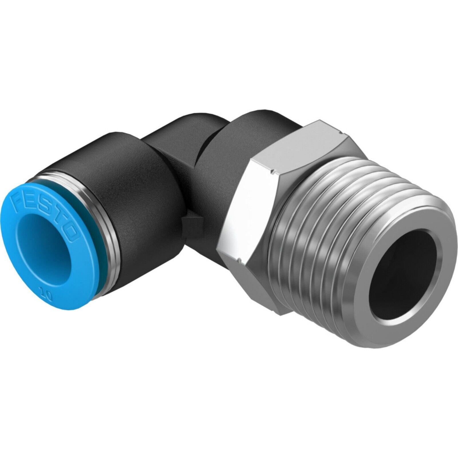 Festo QSL-1/2-10 Push-in L-fitting. Black and silver pneumatic fitting with blue accents and size marking.