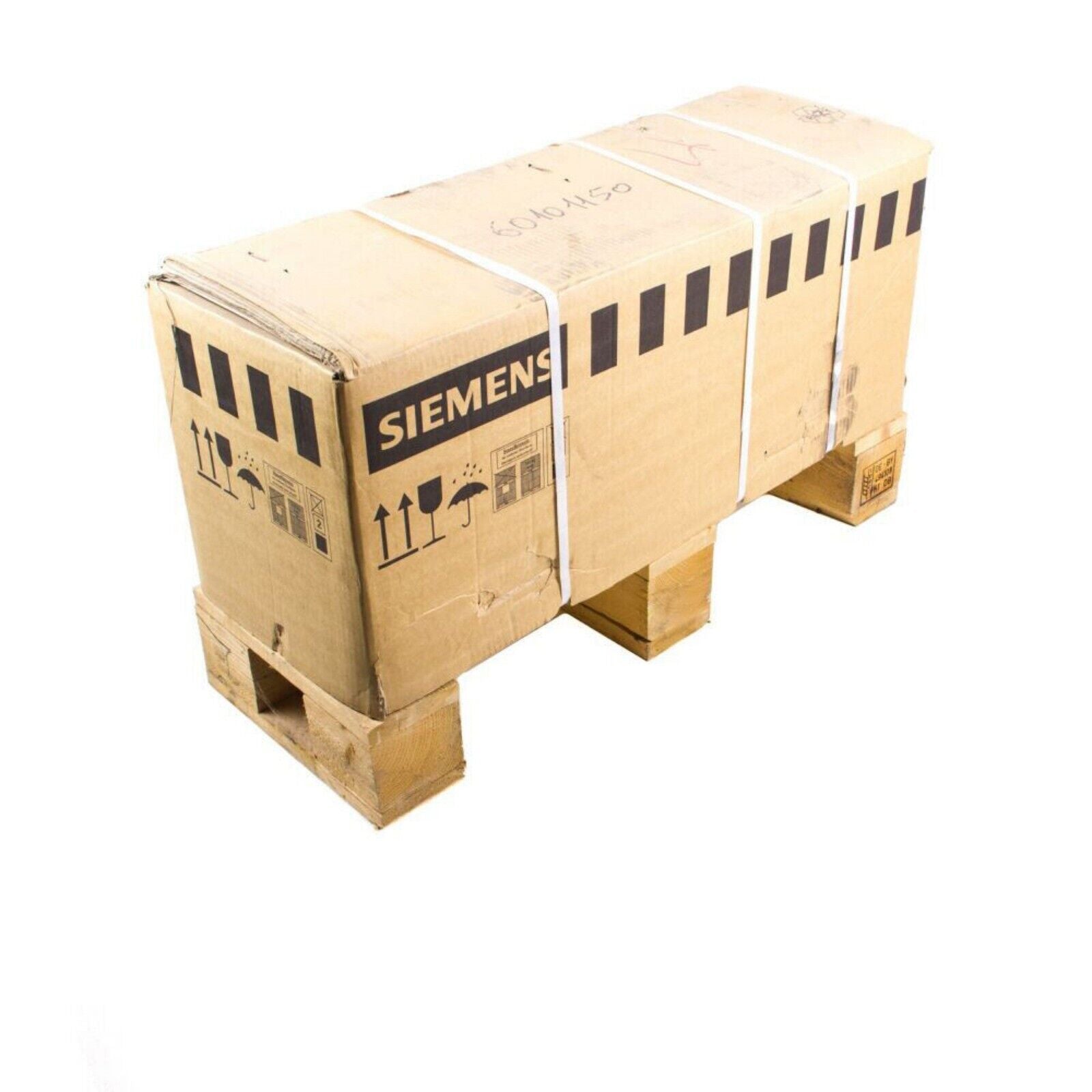 Siemens industrial inverter product packaging on a wooden pallet, ready for shipment.