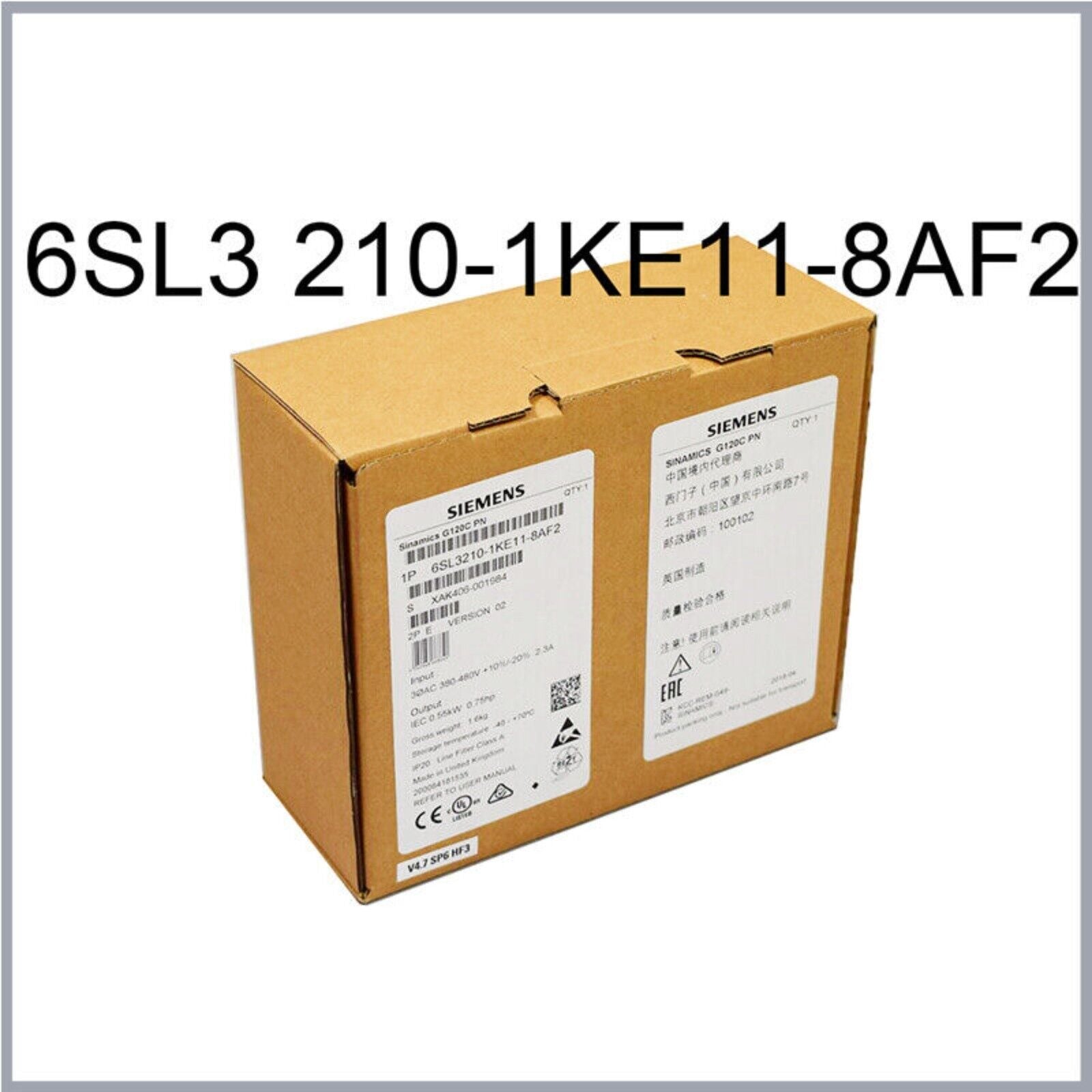 Siemens SINAMICS V20 drive 6SL3210-1KE11-8AF2 in cardboard box, product packaging.