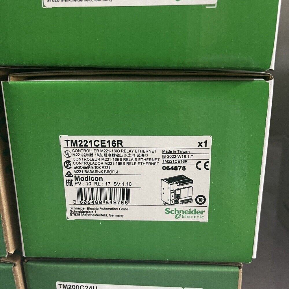 Schneider TM221CE16R PLC module in box. Ethernet relay controller, Made in Taiwan.