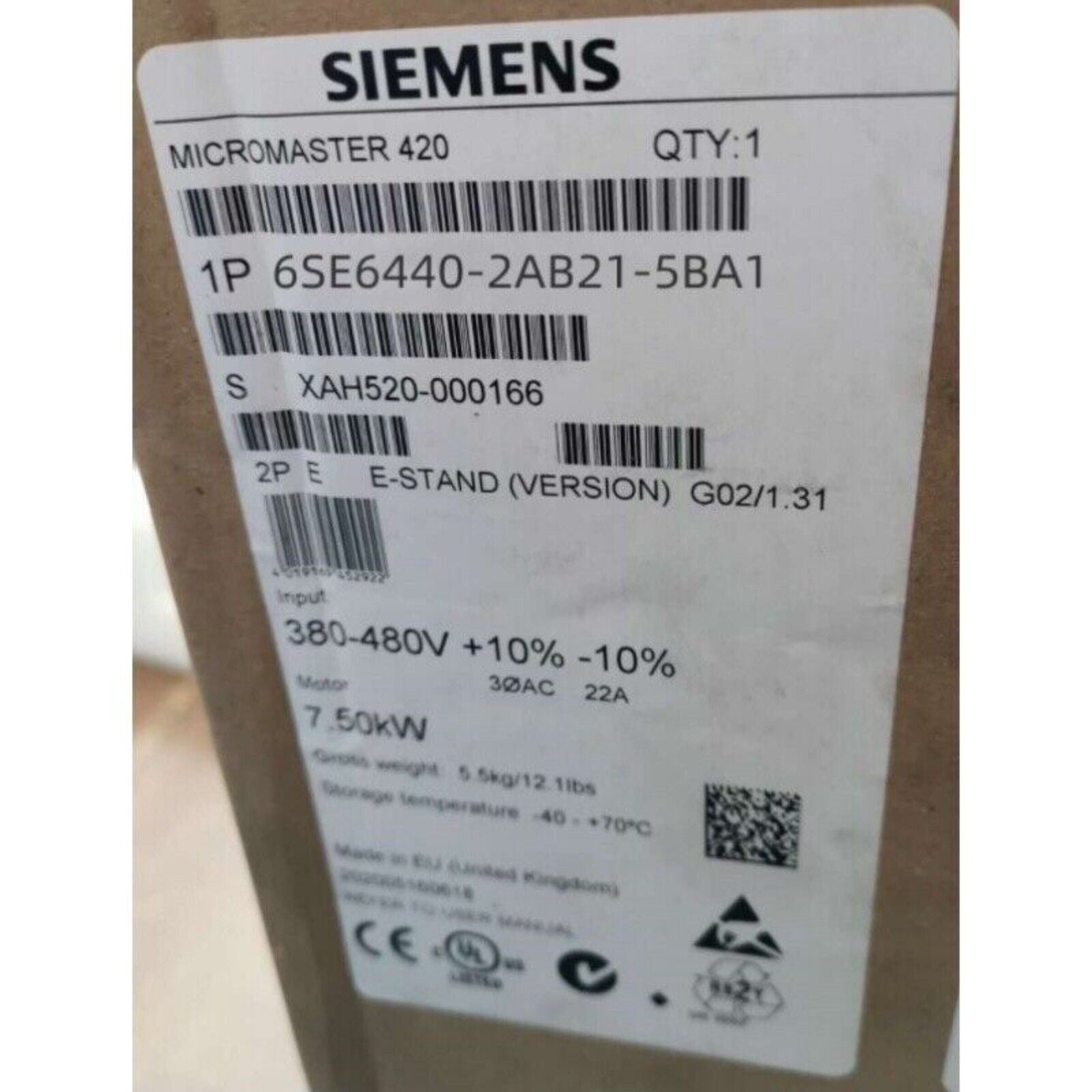 Siemens MICROMASTER 420 6SE6440-2AB21-5BA1, Industrial Automation Component. Input: 380-480V, 7.50kW motor.