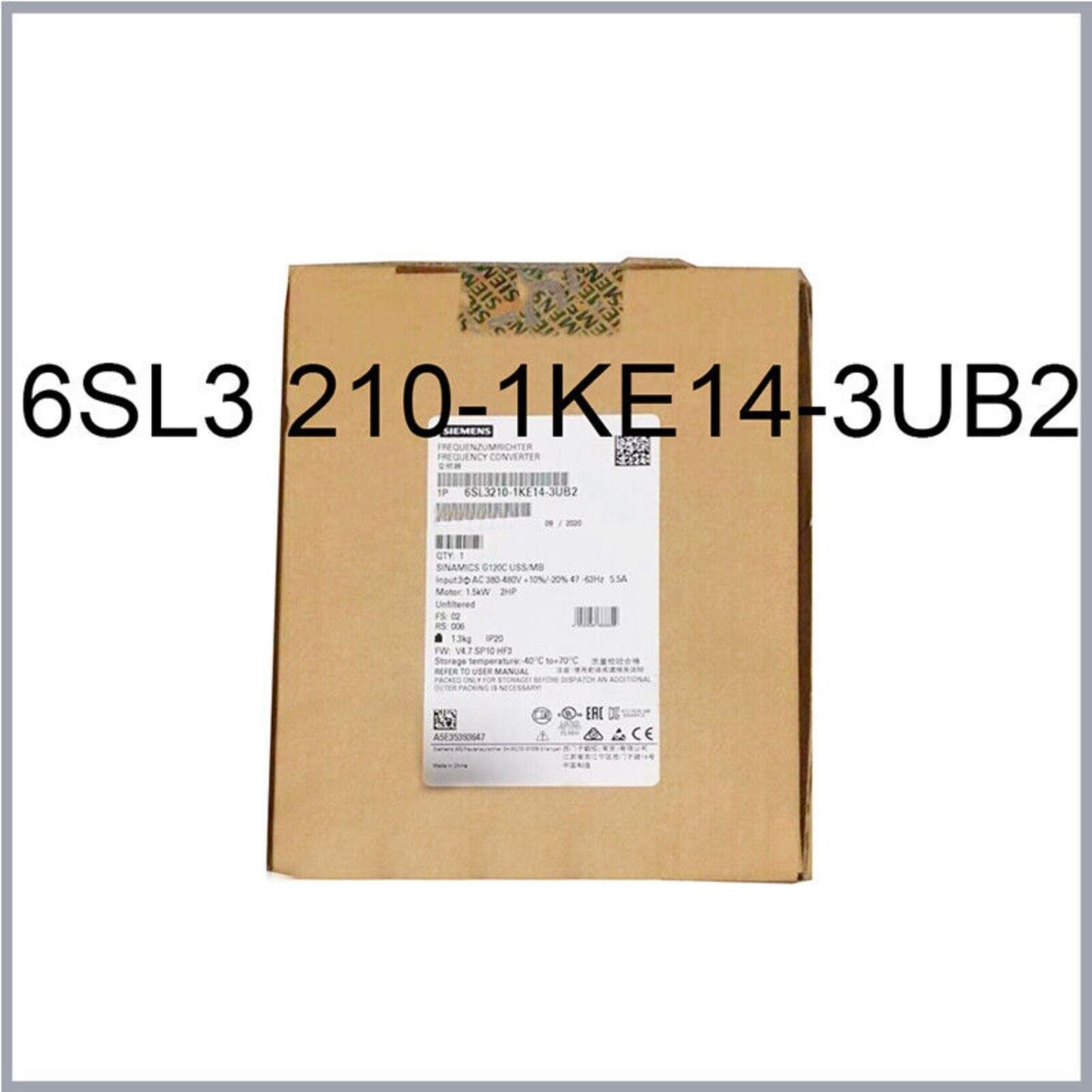 Siemens 6SL3210-1KE14-3UB2 SINAMICS G120C frequency converter in box, industrial automation part.