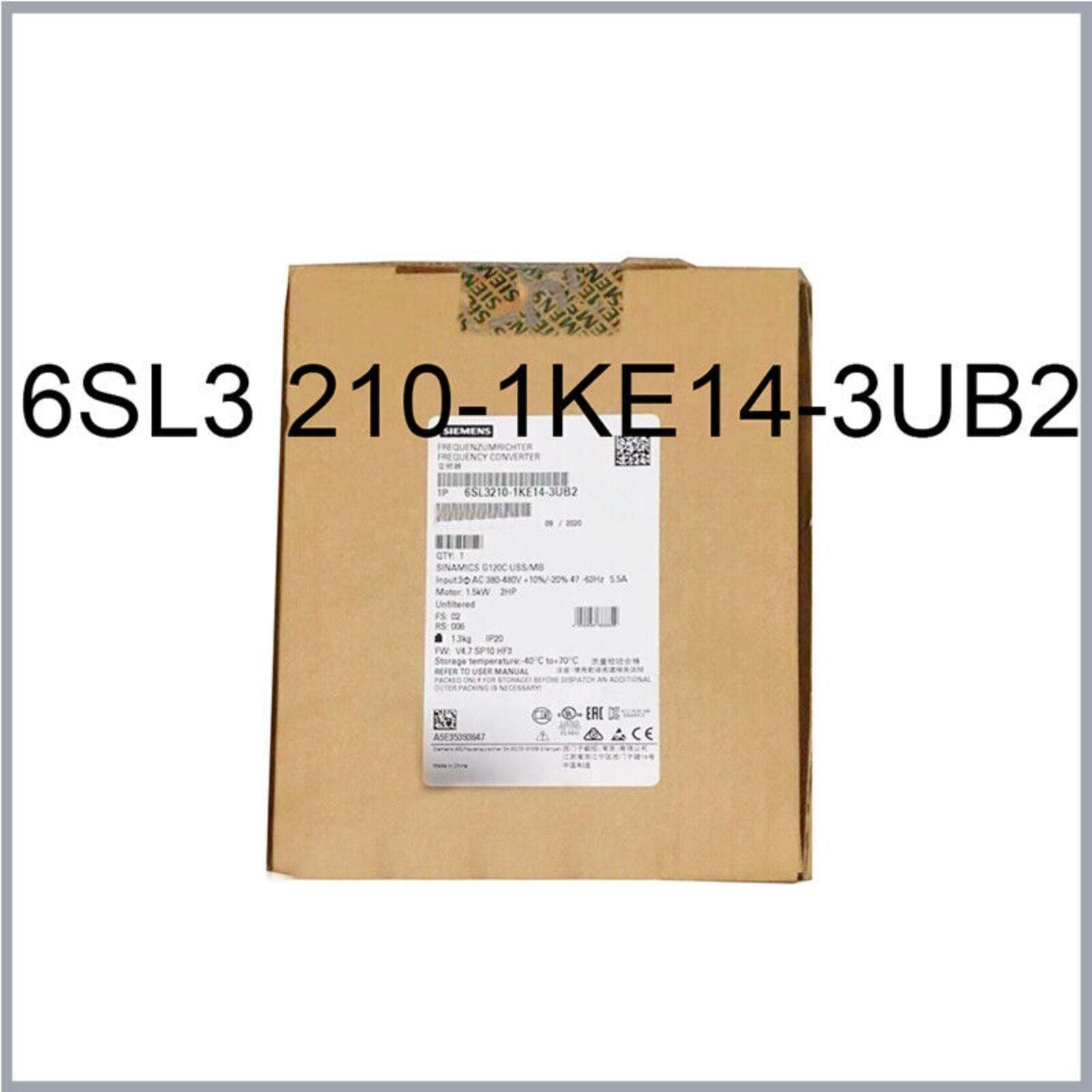 Siemens 6SL3210-1KE14-3UB2 SINAMICS G120C frequency converter in box, industrial automation part.