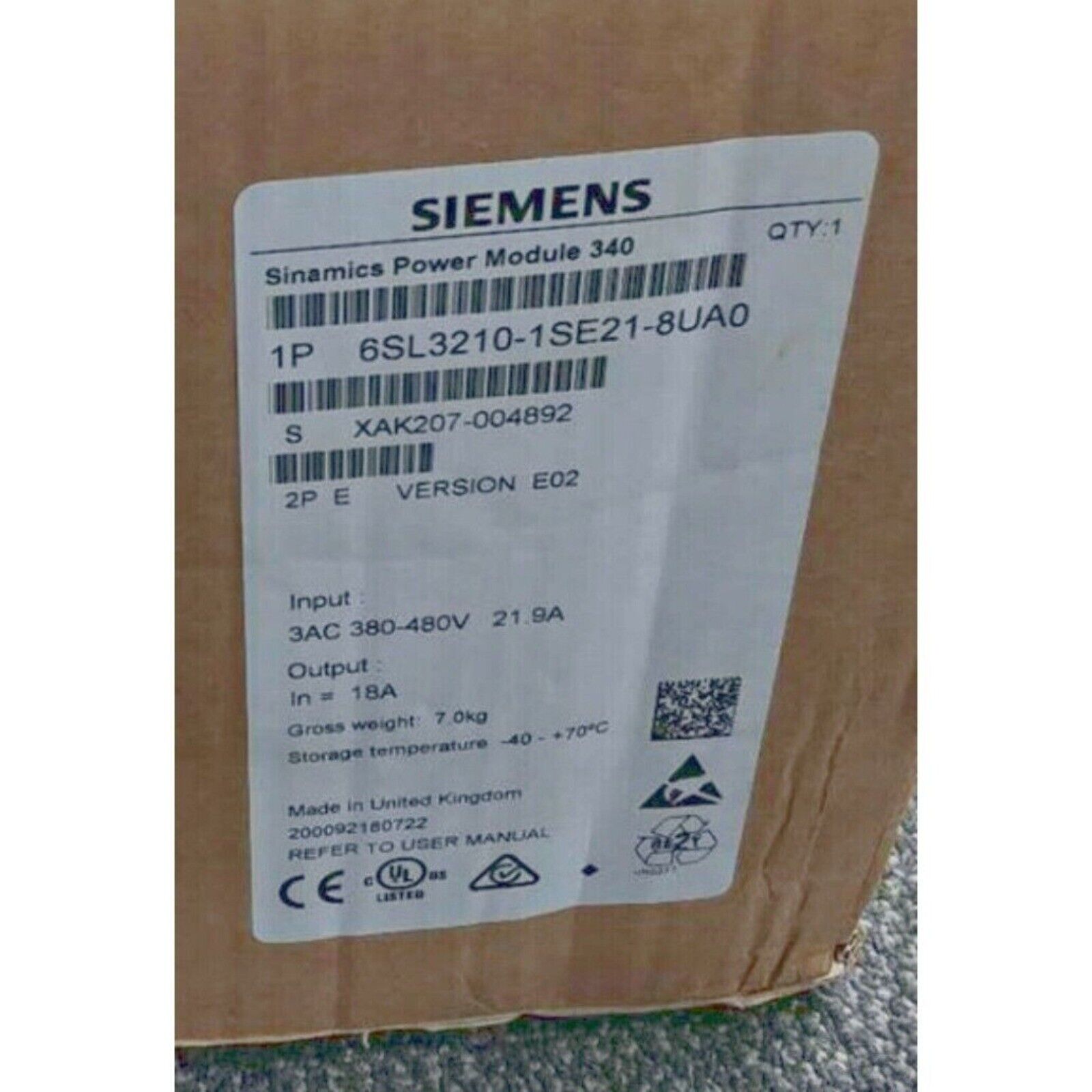 Siemens SINAMICS Power Module 340 6SL3210-1SE21-8UA0 product label, industrial VFD part.