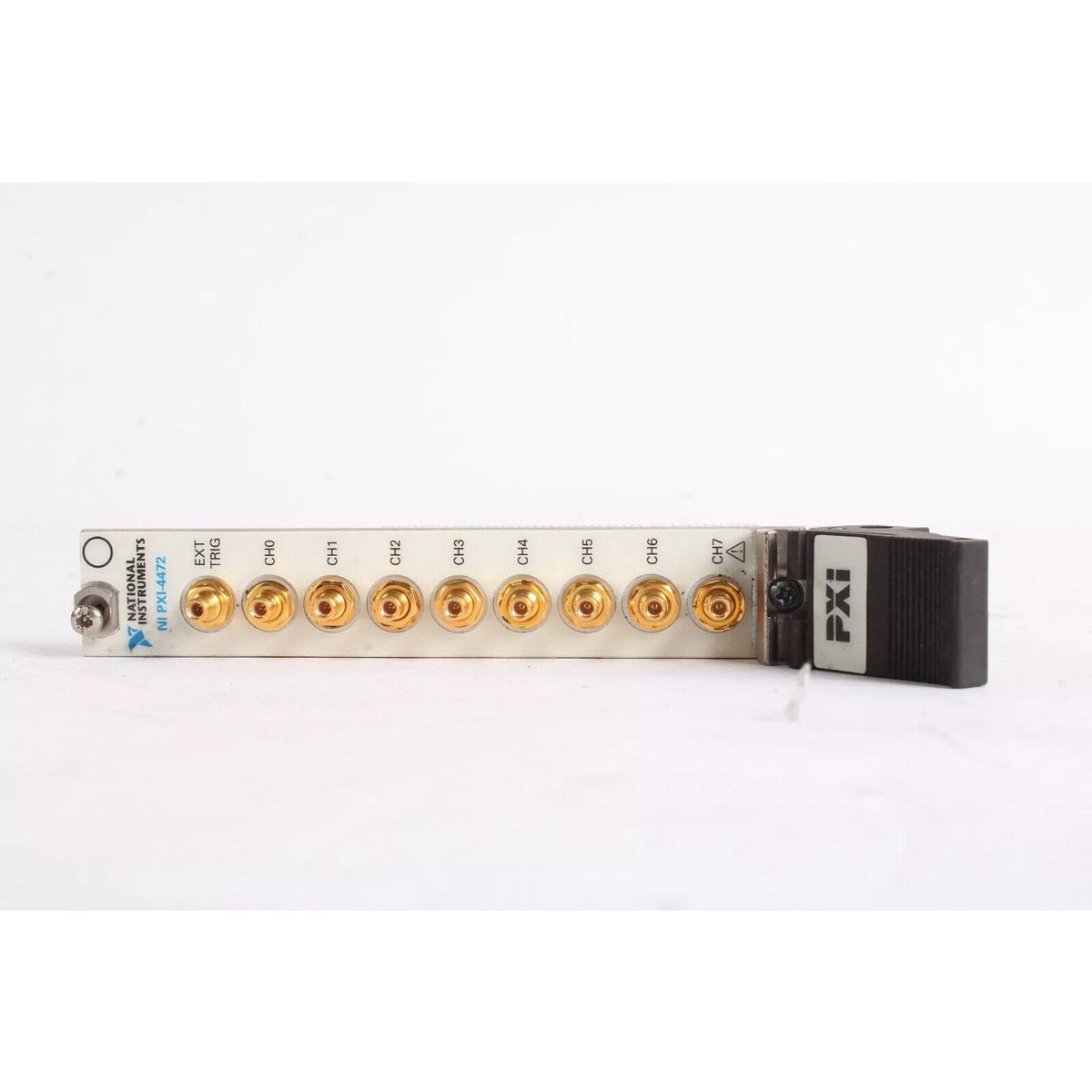 National Instruments PXI-4472 sound and vibration module with gold connectors. Industrial data acquisition hardware.