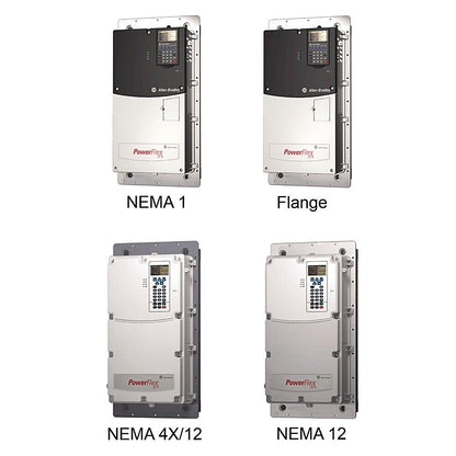 Allen-Bradley PowerFlex variable frequency drives (VFDs) in various NEMA enclosures.