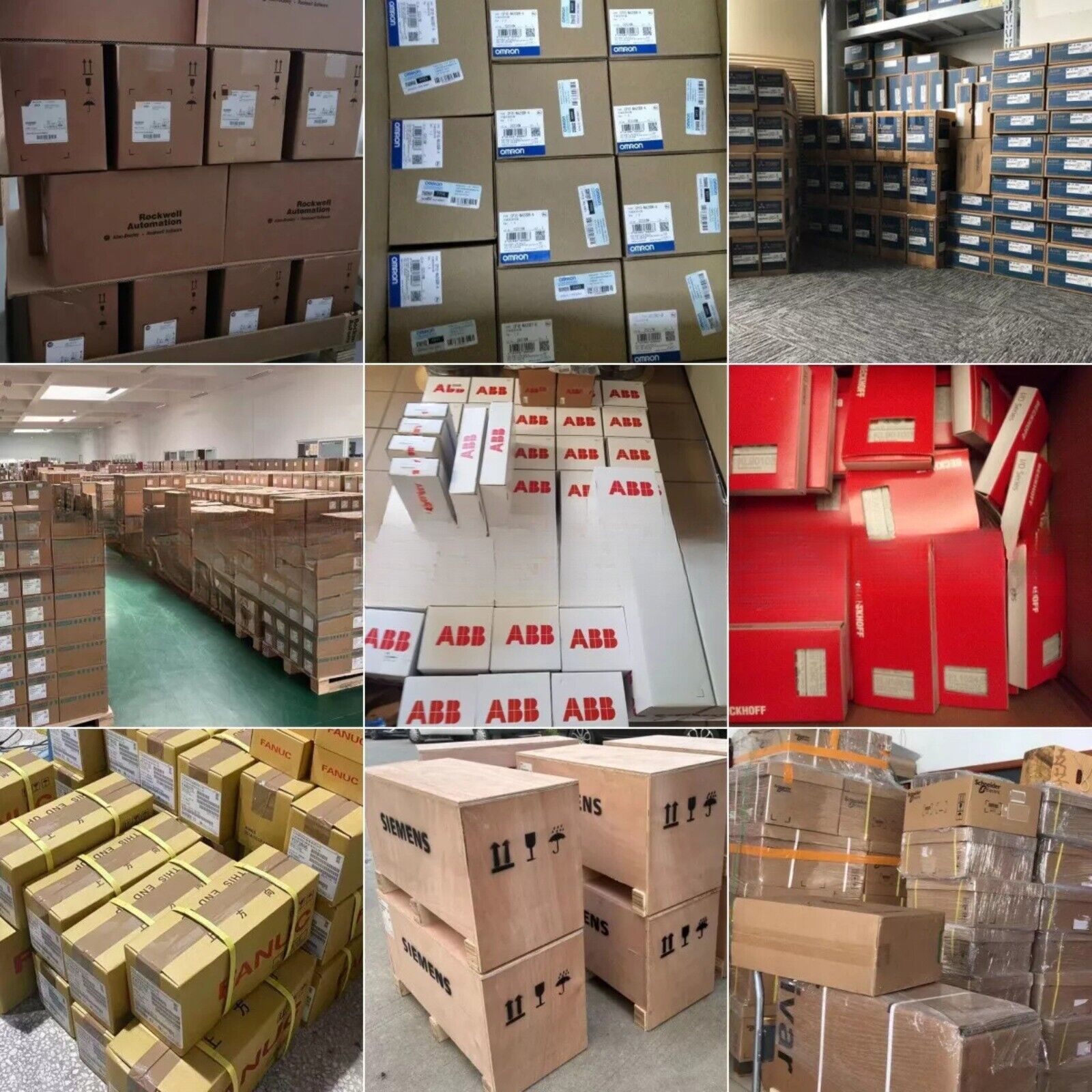 Industrial automation parts inventory, including Siemens, ABB, and Fanuc products, ready for shipment.