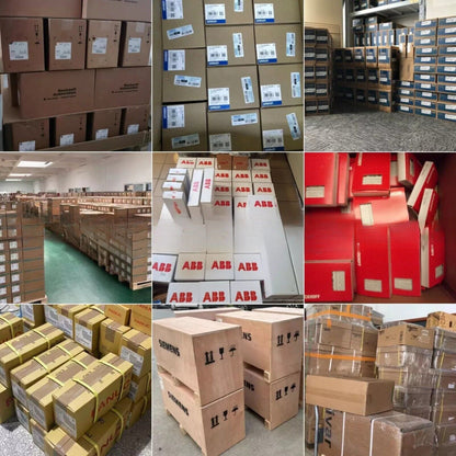 Industrial automation parts inventory, including Siemens, ABB, and Fanuc products, ready for shipment.