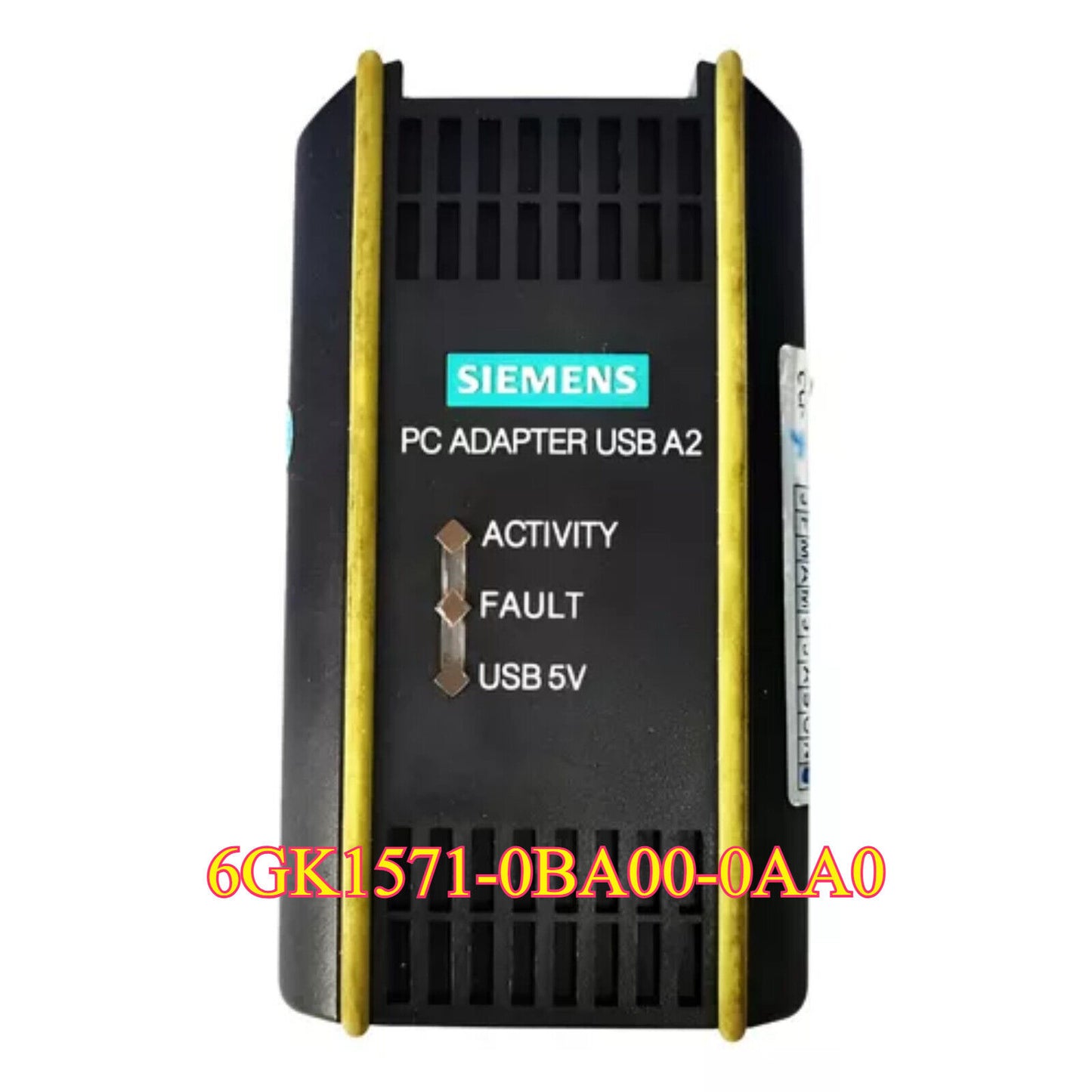 Siemens 6GK1571-0BA00-0AA0 PROFIBUS USB adapter. Shows activity, fault, and USB status indicators.