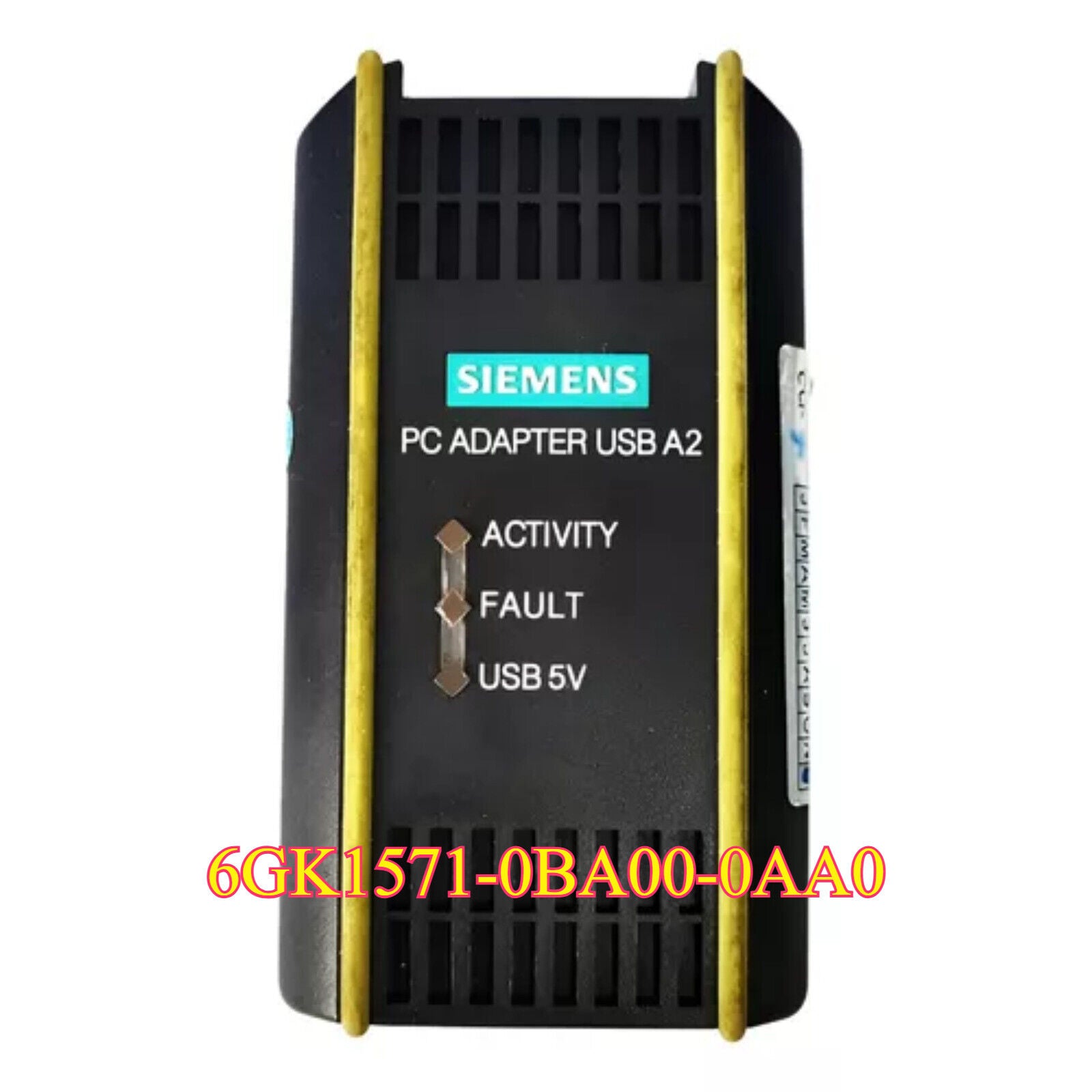 Siemens 6GK1571-0BA00-0AA0 PROFIBUS USB adapter. Shows activity, fault, and USB status indicators.