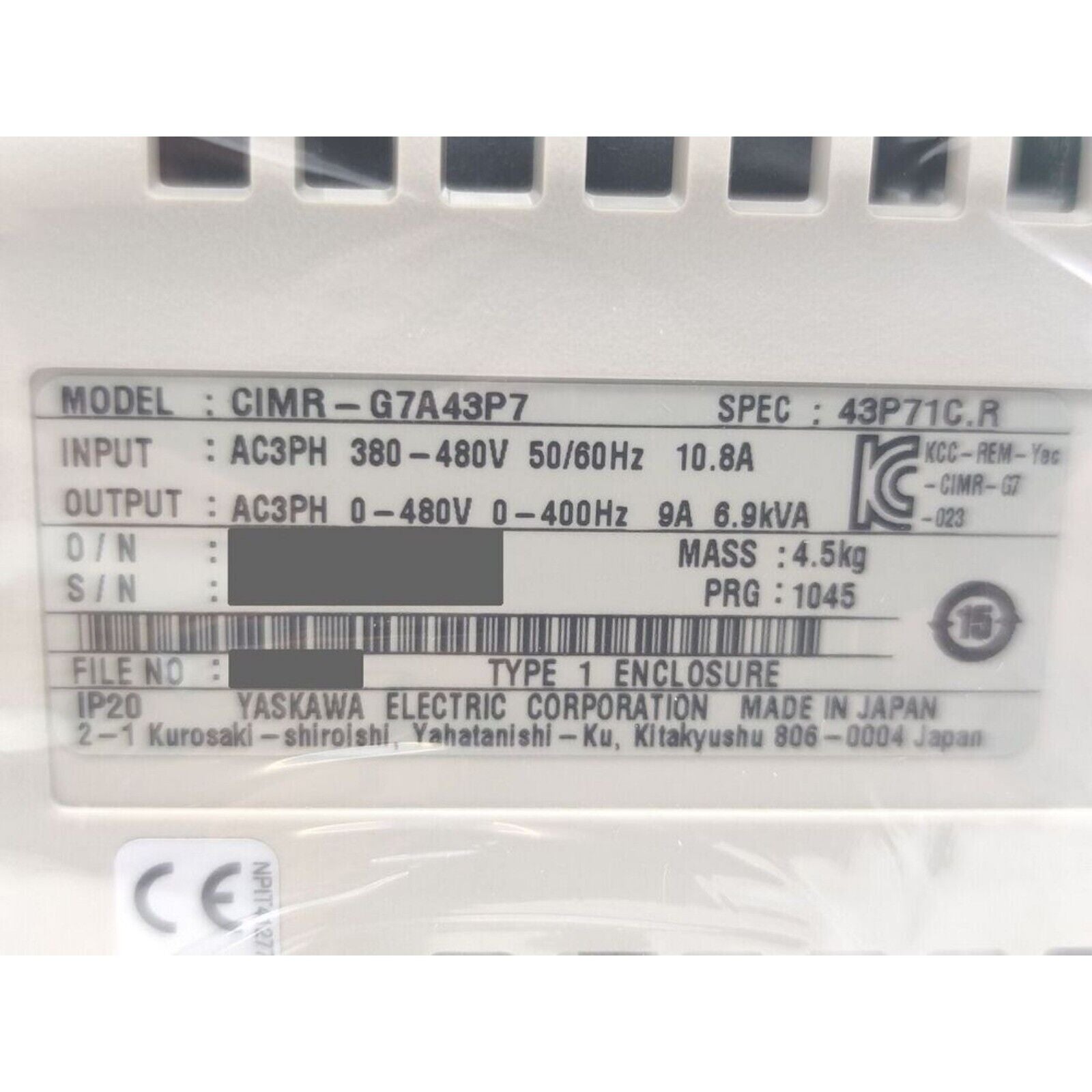 Yaskawa G7 CIMR-G7A43P7 inverter label, specs: 380-480V input, Type 1 enclosure, new industrial automation part.