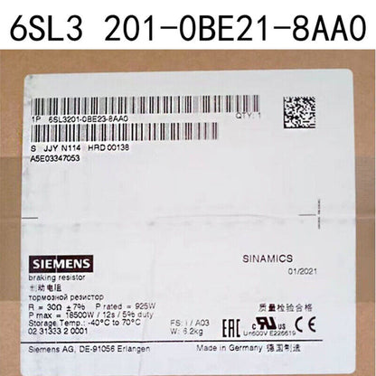Siemens SINAMICS 6SL3201-0BE21-8AA0 braking resistor label, industrial automation part, Made in Germany, 01/2021
